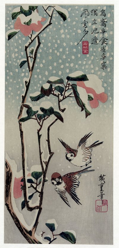 Secchu Tsubaki ni Suzume (Gorriones y camelias en la nieve) de Utagawa Hiroshige